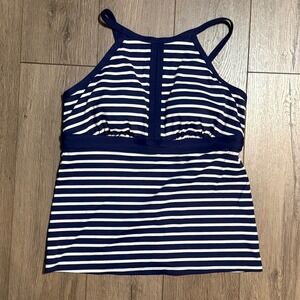 Lands End Womens Navy White Striped High Neck Tankini Top Swimsuit Size 10